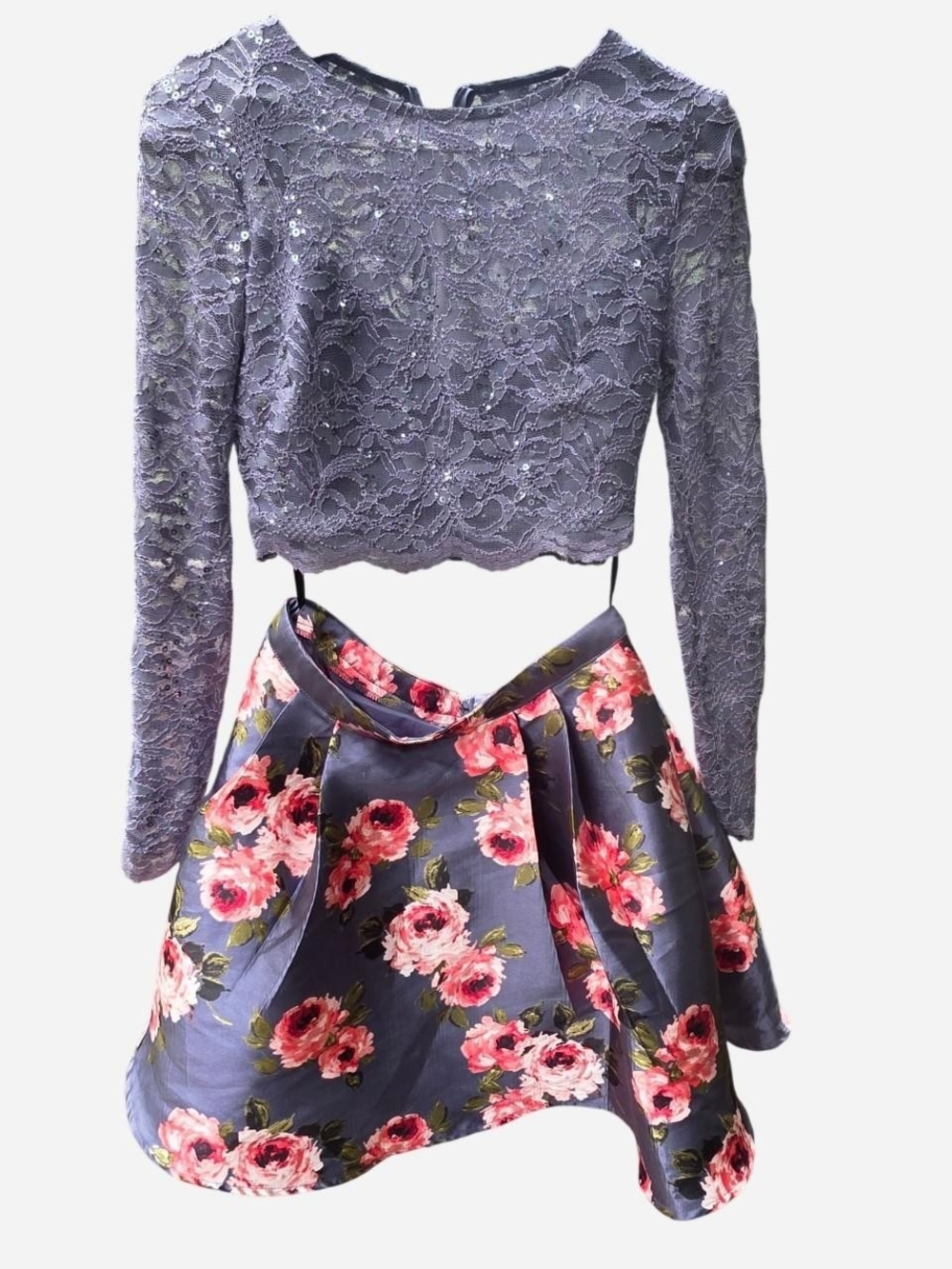 B. Darlin 2-Piece Lace Sequin Top & Floral High Waisted Skirt Set 9/10